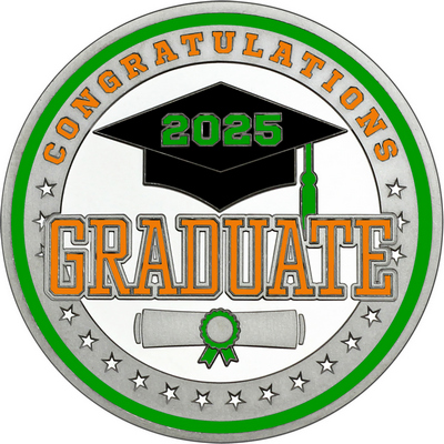 Orange "Congratulations Graduate" with Green 2025, Rim, Tassel & Ribbon